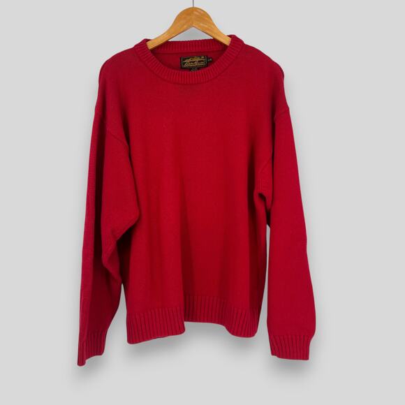 90s Vintage Eddie Bauer Red 100% Cotton Crewneck Knit Sweater Size L - Picture 1 of 5